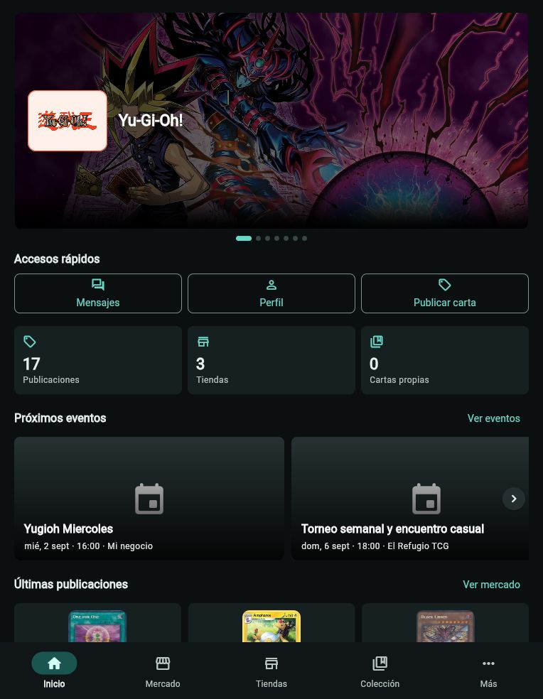 Pantalla de inicio de Mazora TCG con accesos rápidos, eventos y publicaciones reales de prueba
